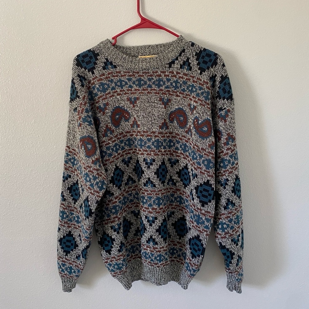 Vintage 90s gray paisley patterned ugly grandpa sweater size large Neil costume
